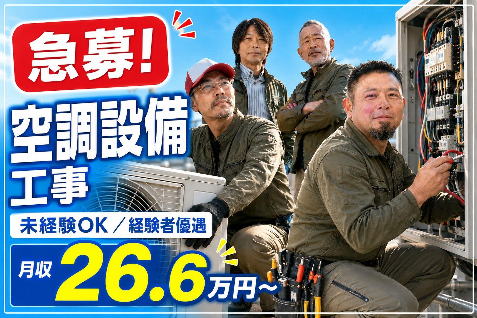 【急募】年間休日120日×残業平均5hで年収600万円も！空調設備工事スタッフの募集です！ 1
